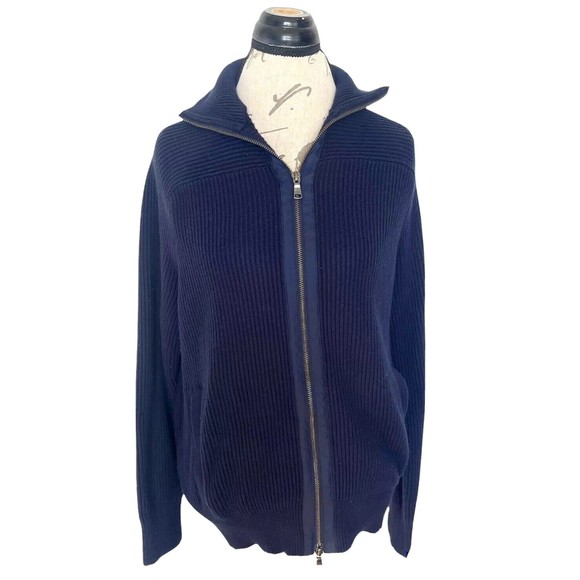 Banana Republic Size Large Mens Sweater Grandpa Core Blue Ribbed Knit Full Zip - Picture 1 of 12